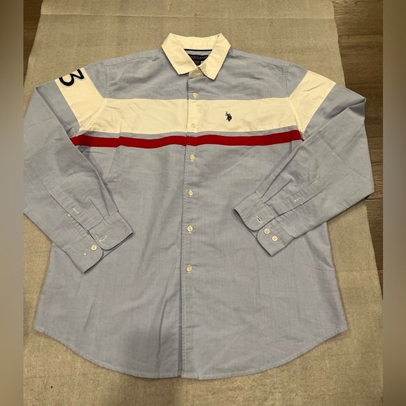 [XL]U.S. Polo Assn. Men's Light Blue Shirt Red White Stripes Embroidered Logo - Picture 1 of 10